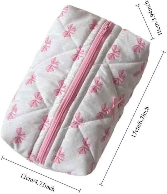 Coquette Bow Y2k Makeup Bag Cute Quilted Make Up Pouch Small Preppy Floral Cosmetic Bag Toiletry Organizer Bag (Pink bow tie)