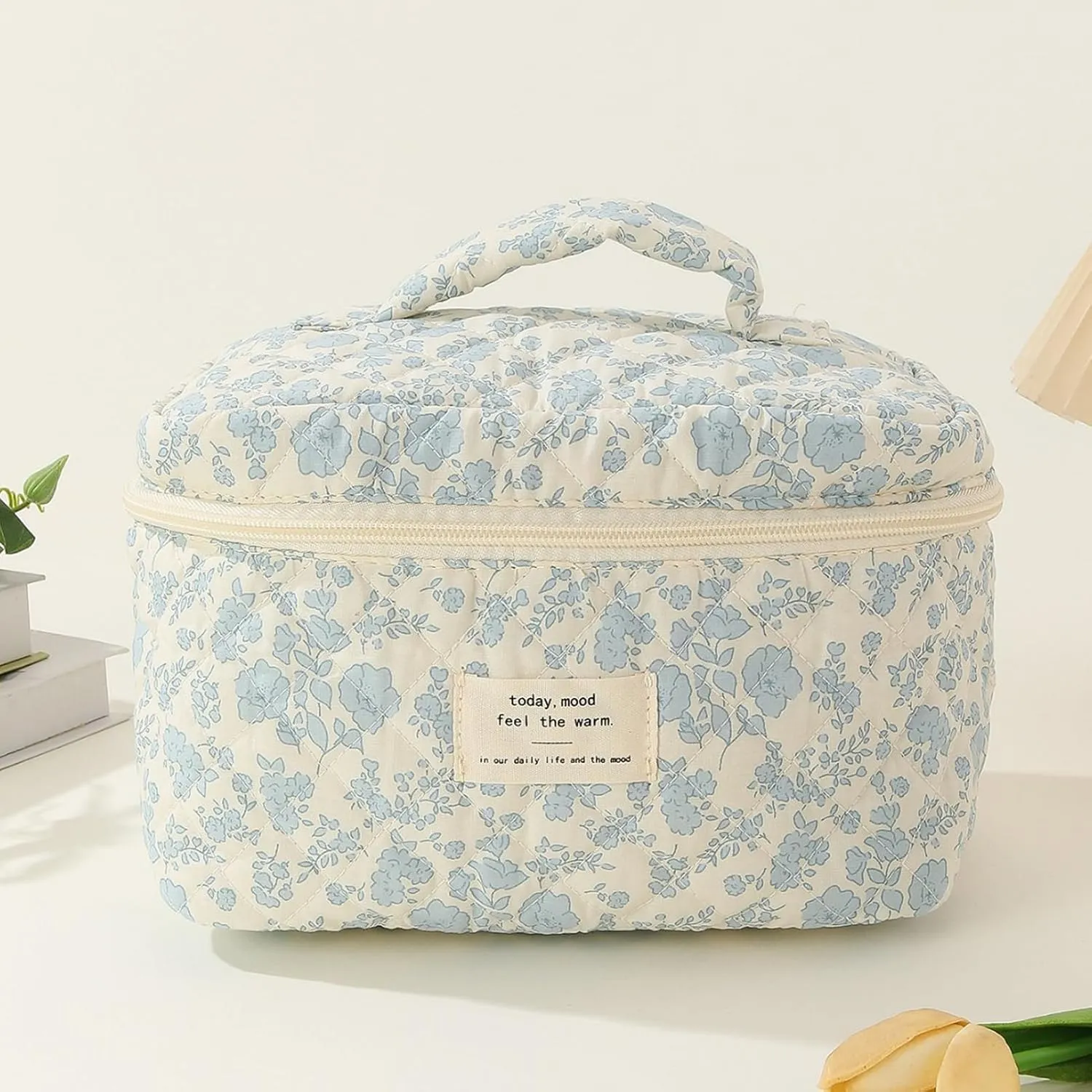 Cotton Makeup Bag, Floral Print Cosmetic Bag, Large Capacity Zipper Closure Firm Stitching Soft Handle Great Load Bearing Travel Quilted Makeup Bag, Toiletry Organizer Bag F