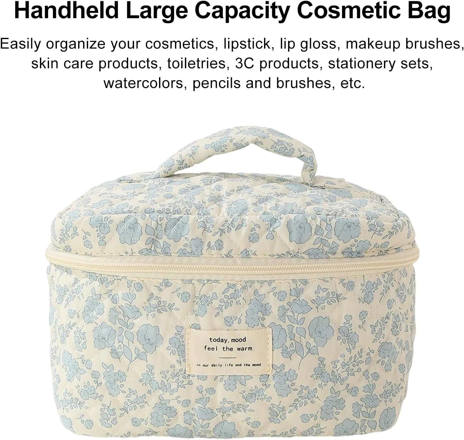 Cotton Makeup Bag, Floral Print Cosmetic Bag, Large Capacity Zipper Closure Firm Stitching Soft Handle Great Load Bearing Travel Quilted Makeup Bag, Toiletry Organizer Bag F