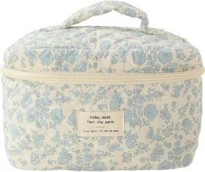 Cotton Makeup Bag, Floral Print Cosmetic Bag, Large Capacity Zipper Closure Firm Stitching Soft Handle Great Load Bearing Travel Quilted Makeup Bag, Toiletry Organizer Bag F