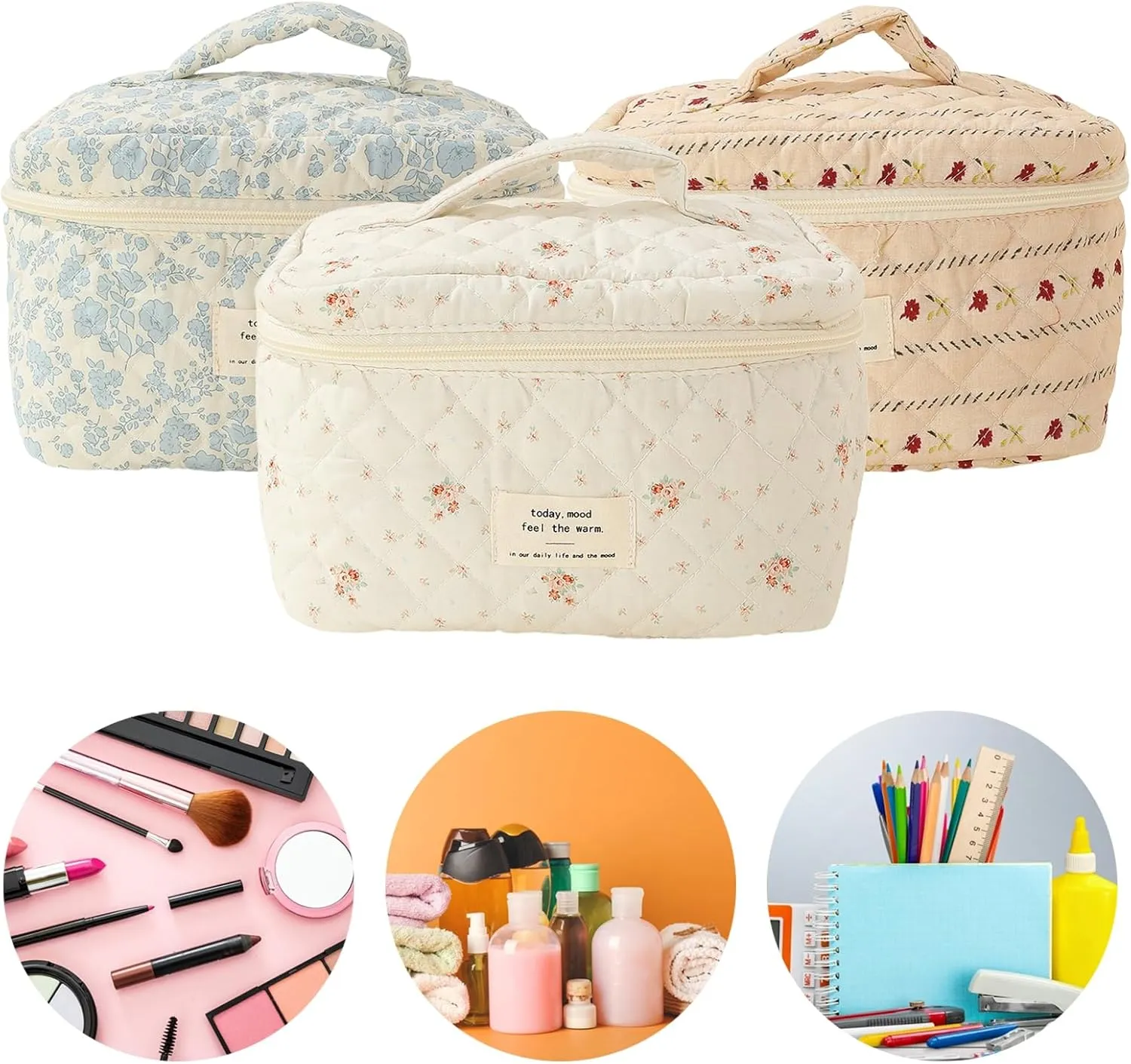 Cotton Makeup Bag, Floral Print Cosmetic Bag, Large Capacity Zipper Closure Firm Stitching Soft Handle Great Load Bearing Travel Quilted Makeup Bag, Toiletry Organizer Bag F