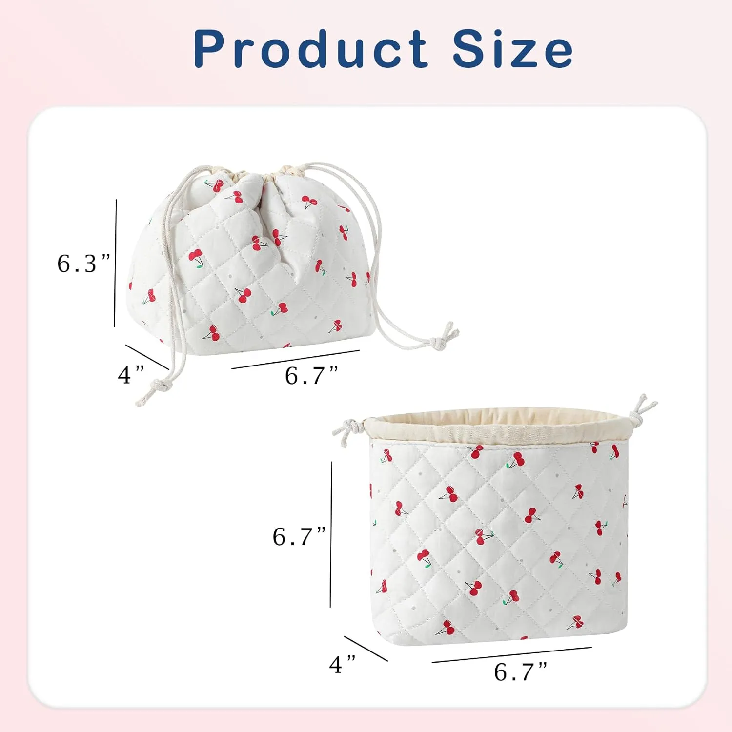 Cotton Quilted Drawstring Makeup Bag with Canvas Lining,Coquette Aesthetic Cute Travel Toiletry Bag,Drawstring Gift Bag for Women and Girls(01Cherry)