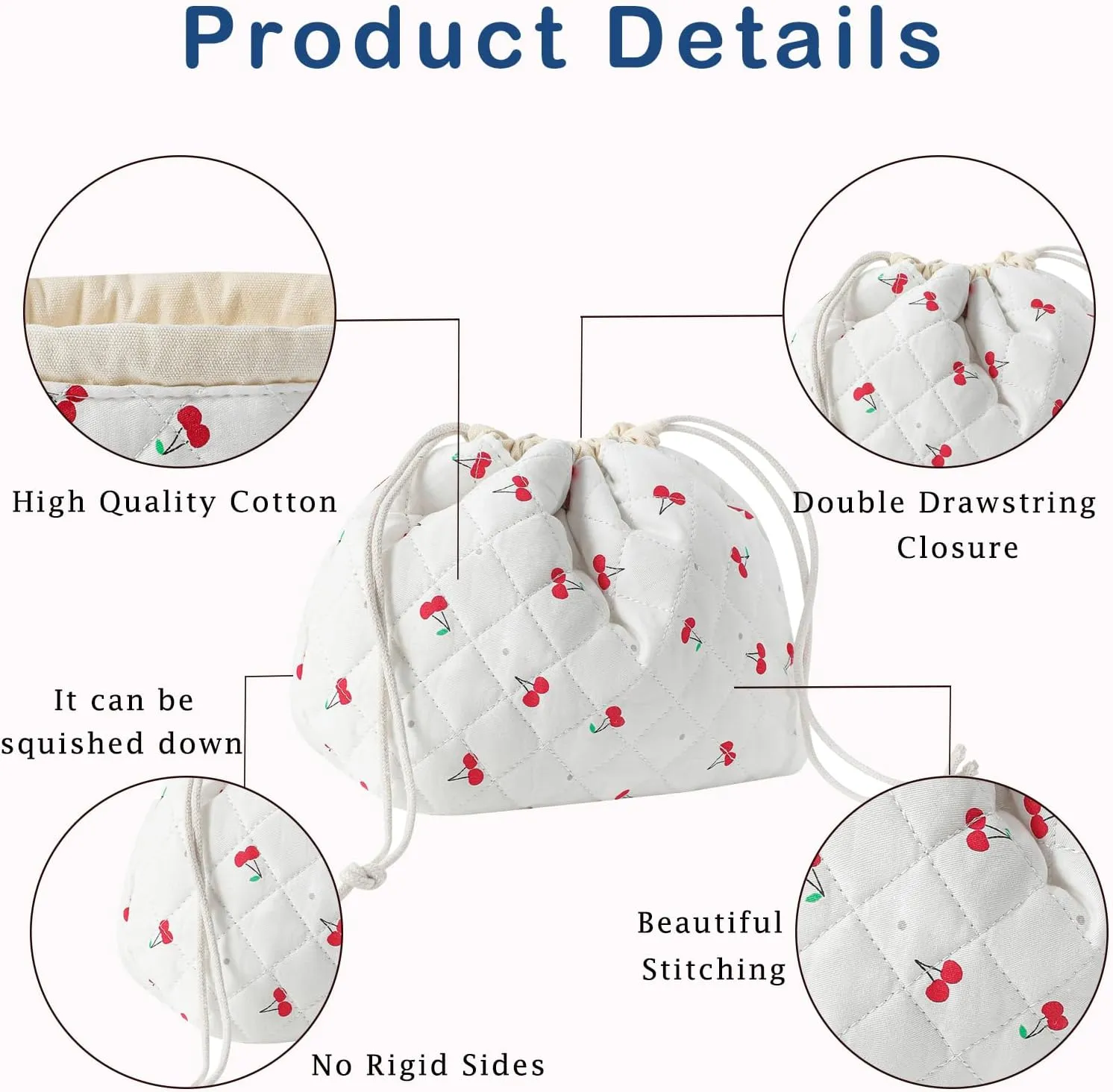 Cotton Quilted Drawstring Makeup Bag with Canvas Lining,Coquette Aesthetic Cute Travel Toiletry Bag,Drawstring Gift Bag for Women and Girls(01Cherry)
