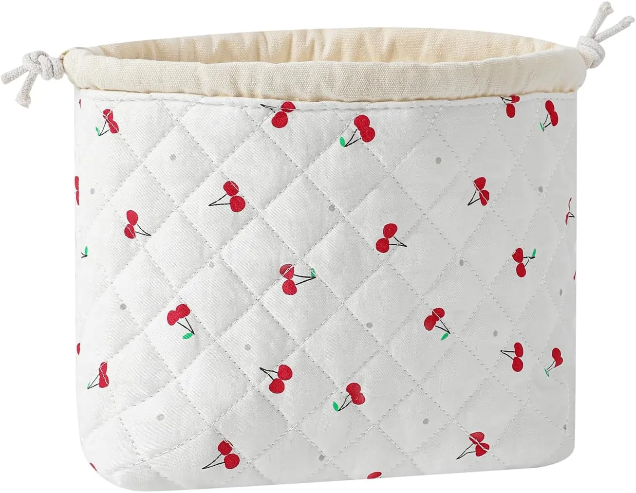 Cotton Quilted Drawstring Makeup Bag with Canvas Lining,Coquette Aesthetic Cute Travel Toiletry Bag,Drawstring Gift Bag for Women and Girls(01Cherry)