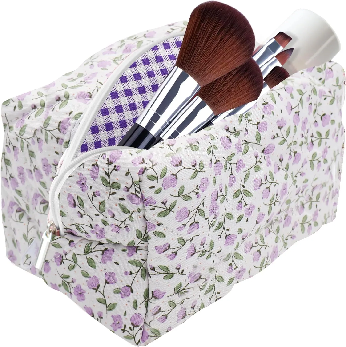 Cotton Quilted Makeup Bag, Cute Pouch Toiletry Bag Cosmetic Bag Quilted Floral Organizer Bag Travel Coquette Aesthetic Portable Storage Zipper Purse for Women (Purple)