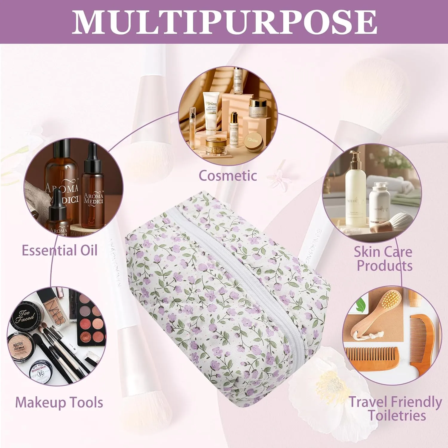 Cotton Quilted Makeup Bag, Cute Pouch Toiletry Bag Cosmetic Bag Quilted Floral Organizer Bag Travel Coquette Aesthetic Portable Storage Zipper Purse for Women (Purple)