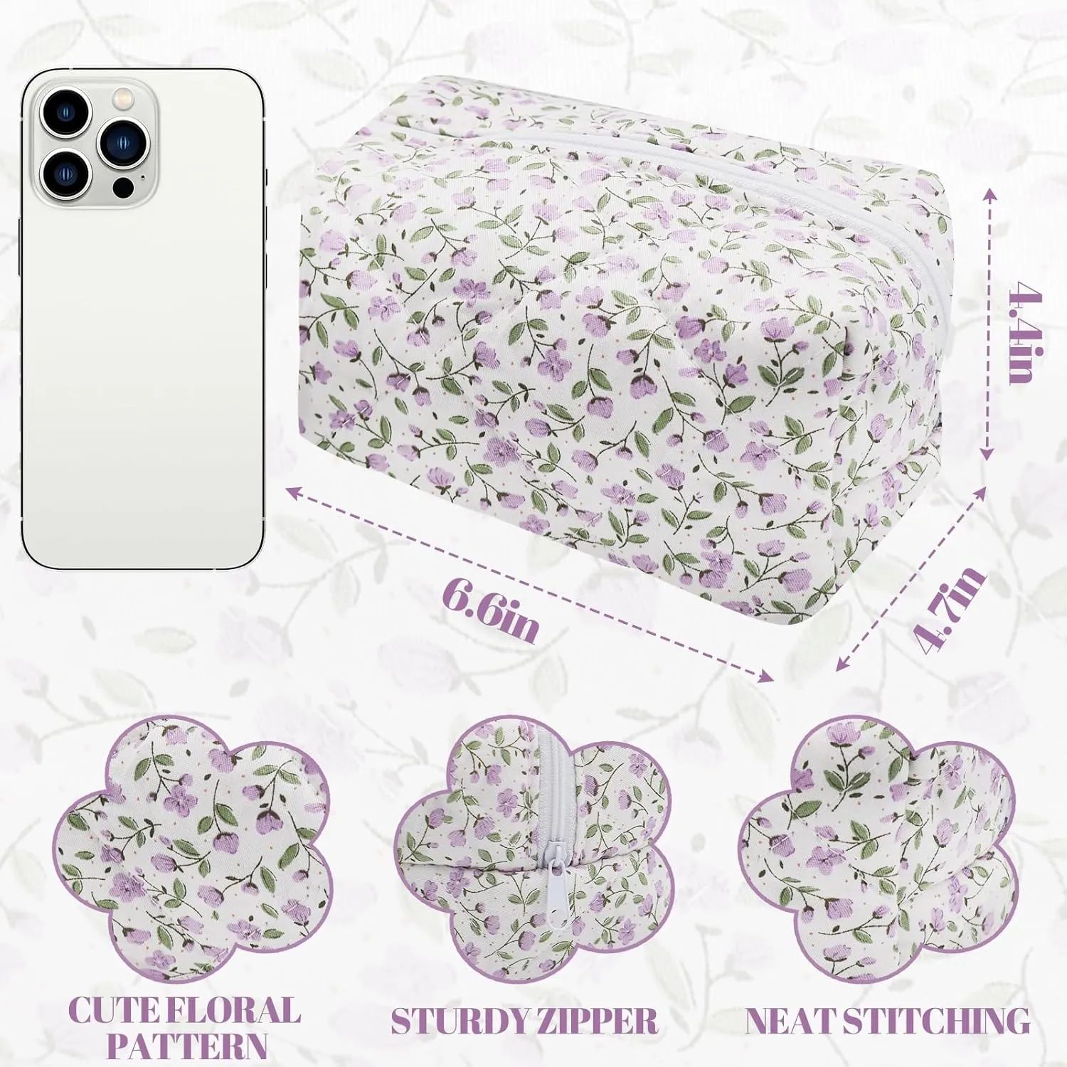 Cotton Quilted Makeup Bag, Cute Pouch Toiletry Bag Cosmetic Bag Quilted Floral Organizer Bag Travel Coquette Aesthetic Portable Storage Zipper Purse for Women (Purple)