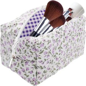 Cotton Quilted Makeup Bag, Cute Pouch Toiletry Bag Cosmetic Bag Quilted Floral Organizer Bag Travel Coquette Aesthetic Portable Storage Zipper Purse for Women (Purple)