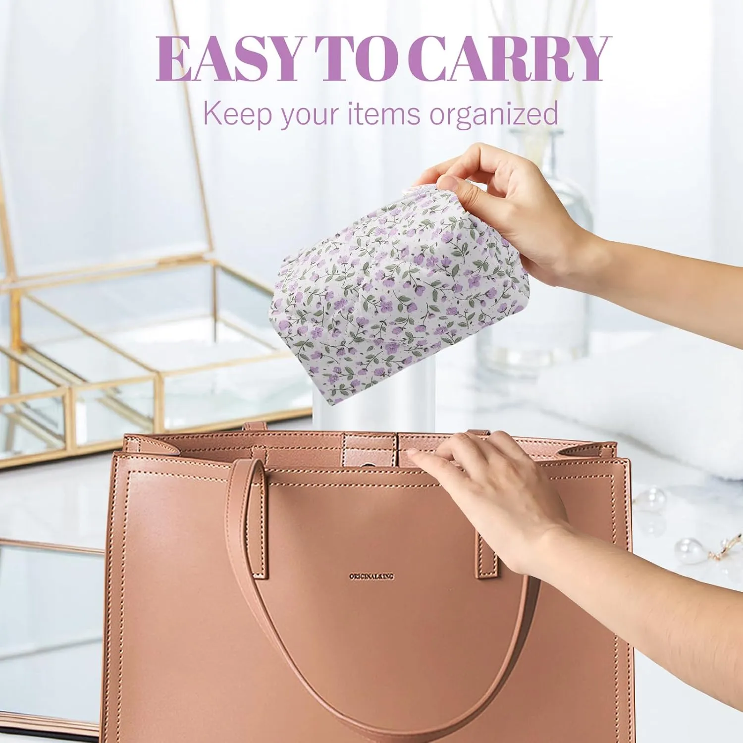 Cotton Quilted Makeup Bag, Cute Pouch Toiletry Bag Cosmetic Bag Quilted Floral Organizer Bag Travel Coquette Aesthetic Portable Storage Zipper Purse for Women (Purple)