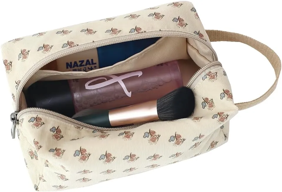 Cotton Travel Makeup Bag with Tiny Floral Pattern – Small Cosmetic Zipper Pouch for Women and Girls, On-the-Go Toiletry and Makeup Organizer