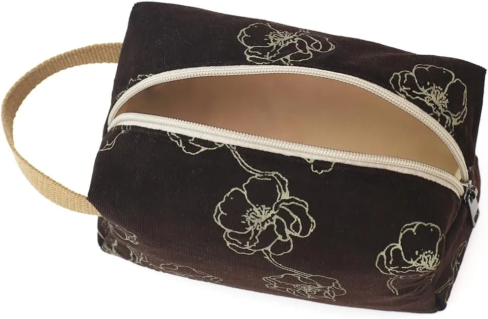 Cotton Travel Makeup Bag with Tiny Floral Pattern – Small Cosmetic Zipper Pouch for Women and Girls, On-the-Go Toiletry and Makeup Organizer