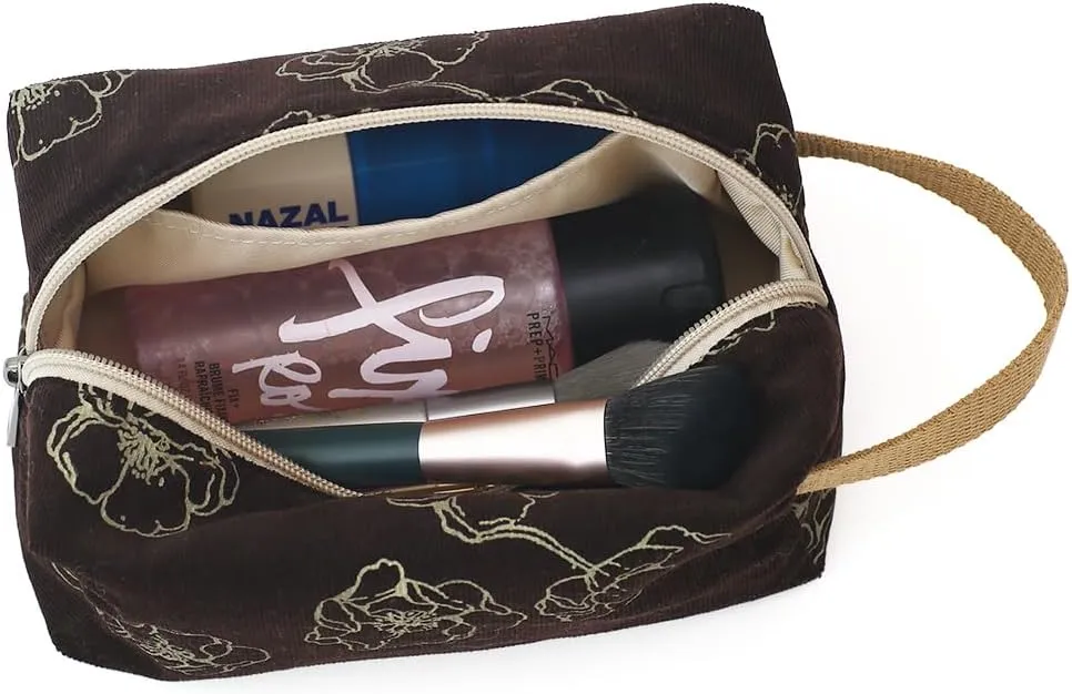Cotton Travel Makeup Bag with Tiny Floral Pattern – Small Cosmetic Zipper Pouch for Women and Girls, On-the-Go Toiletry and Makeup Organizer