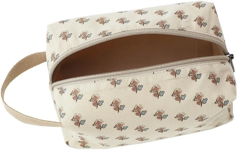 Cotton Travel Makeup Bag with Tiny Floral Pattern – Small Cosmetic Zipper Pouch for Women and Girls, On-the-Go Toiletry and Makeup Organizer
