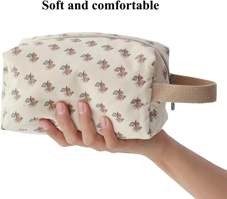 Cotton Travel Makeup Bag with Tiny Floral Pattern – Small Cosmetic Zipper Pouch for Women and Girls, On-the-Go Toiletry and Makeup Organizer