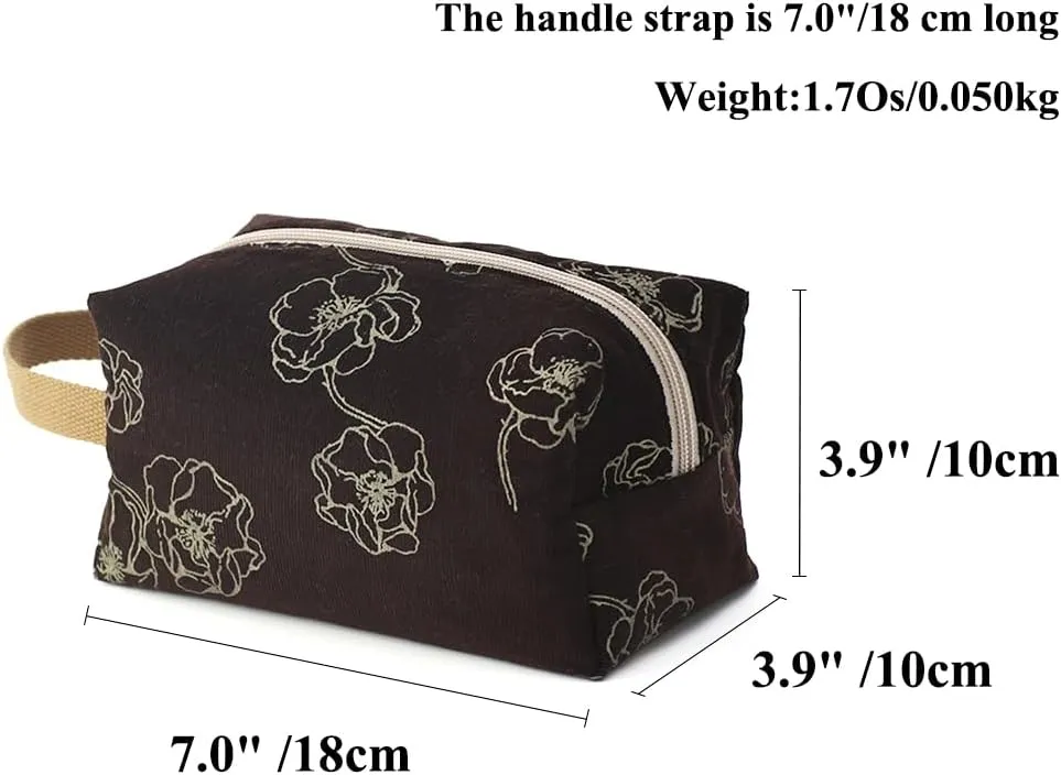 Cotton Travel Makeup Bag with Tiny Floral Pattern – Small Cosmetic Zipper Pouch for Women and Girls, On-the-Go Toiletry and Makeup Organizer