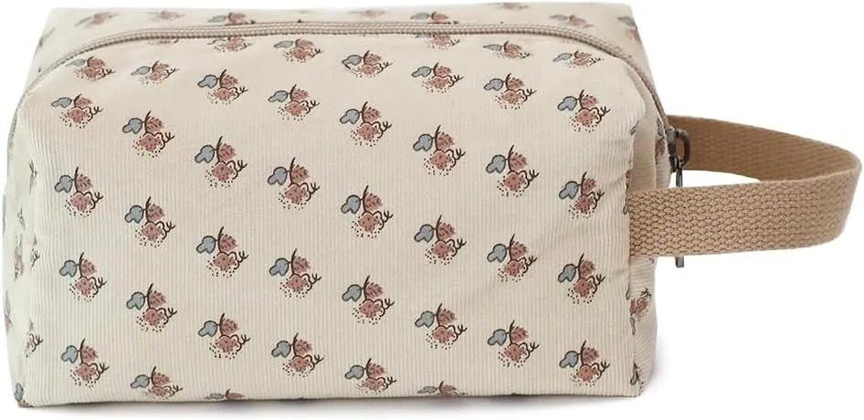 Cotton Travel Makeup Bag with Tiny Floral Pattern – Small Cosmetic Zipper Pouch for Women and Girls, On-the-Go Toiletry and Makeup Organizer