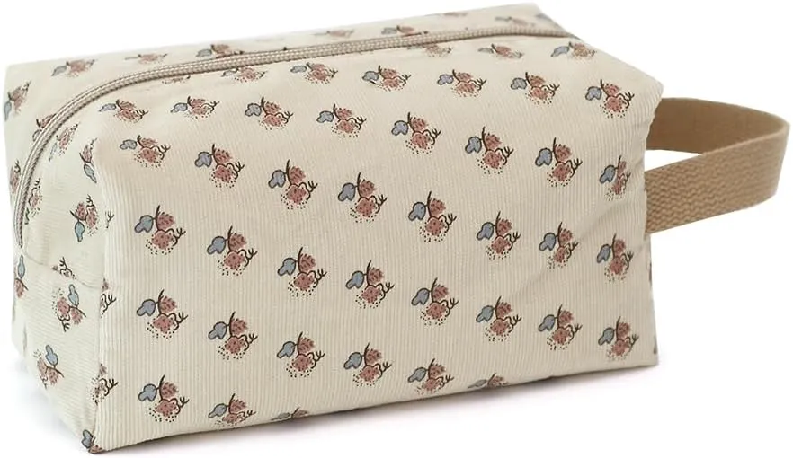 Cotton Travel Makeup Bag with Tiny Floral Pattern – Small Cosmetic Zipper Pouch for Women and Girls, On-the-Go Toiletry and Makeup Organizer