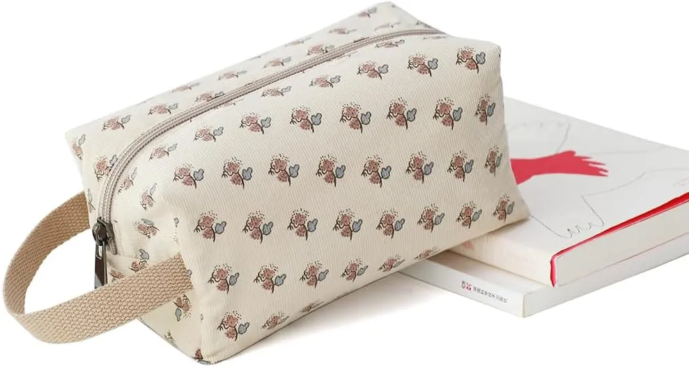 Cotton Travel Makeup Bag with Tiny Floral Pattern – Small Cosmetic Zipper Pouch for Women and Girls, On-the-Go Toiletry and Makeup Organizer