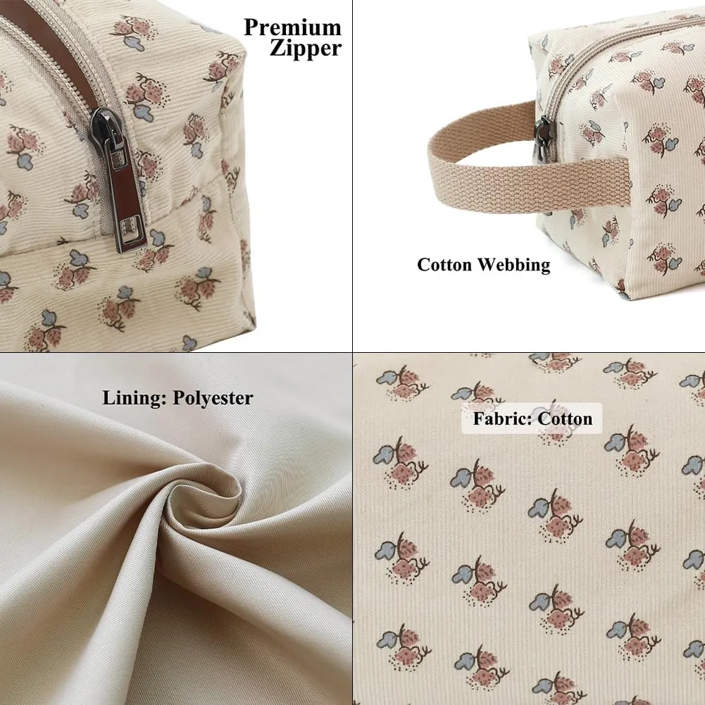 Cotton Travel Makeup Bag with Tiny Floral Pattern – Small Cosmetic Zipper Pouch for Women and Girls, On-the-Go Toiletry and Makeup Organizer