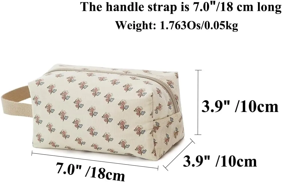 Cotton Travel Makeup Bag with Tiny Floral Pattern – Small Cosmetic Zipper Pouch for Women and Girls, On-the-Go Toiletry and Makeup Organizer