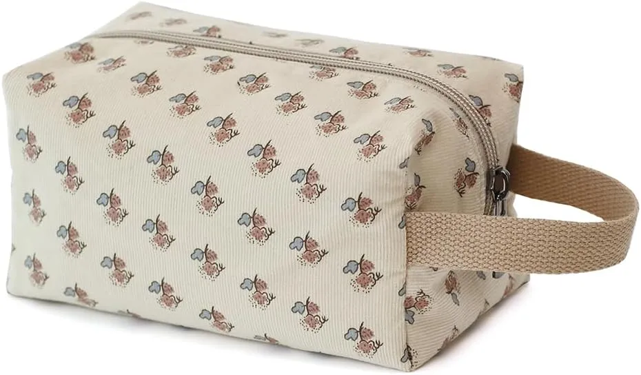 Cotton Travel Makeup Bag with Tiny Floral Pattern – Small Cosmetic Zipper Pouch for Women and Girls, On-the-Go Toiletry and Makeup Organizer