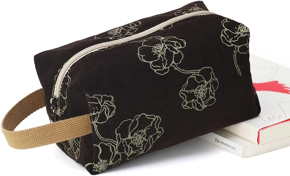 Cotton Travel Makeup Bag with Tiny Floral Pattern – Small Cosmetic Zipper Pouch for Women and Girls, On-the-Go Toiletry and Makeup Organizer