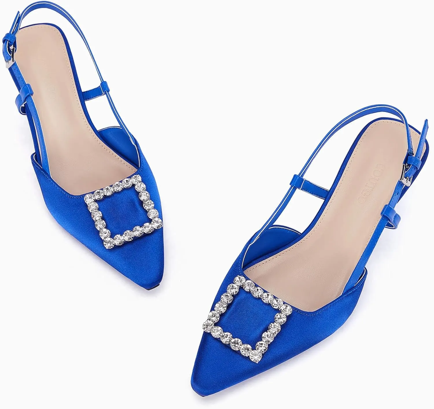 Coutgo Womens Slingback Low Kitten Heels Pumps Closed Pointed Toe Rhinestone Wedding Dress Shoes