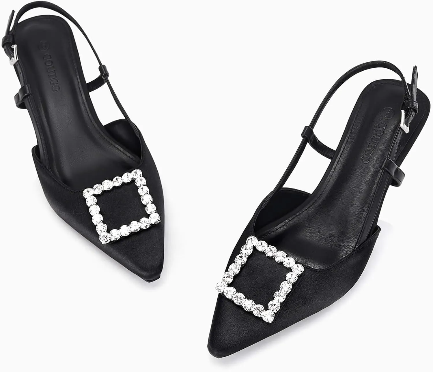 Coutgo Womens Slingback Low Kitten Heels Pumps Closed Pointed Toe Rhinestone Wedding Dress Shoes