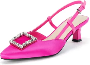 Coutgo Womens Slingback Low Kitten Heels Pumps Closed Pointed Toe Rhinestone Wedding Dress Shoes