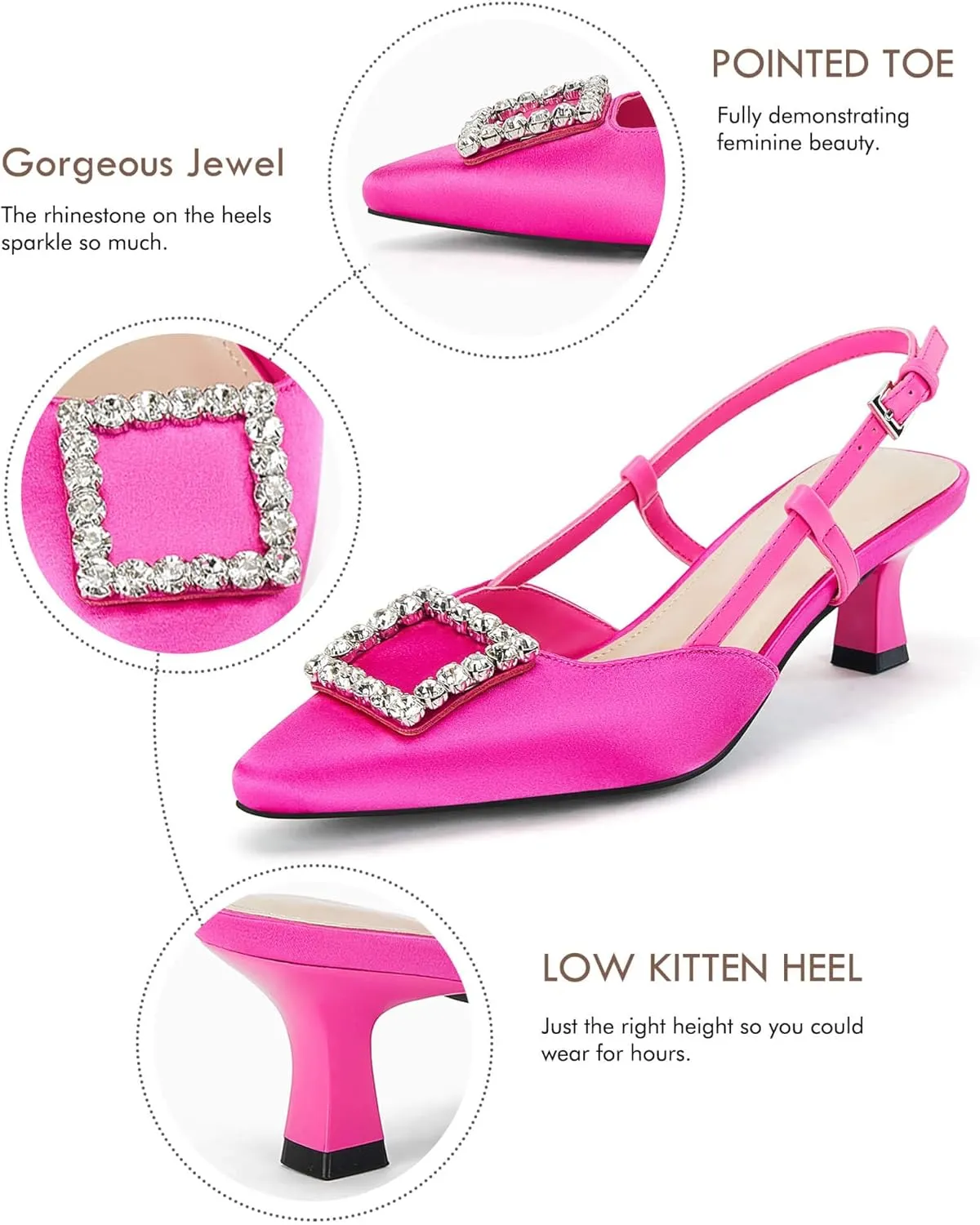 Coutgo Womens Slingback Low Kitten Heels Pumps Closed Pointed Toe Rhinestone Wedding Dress Shoes