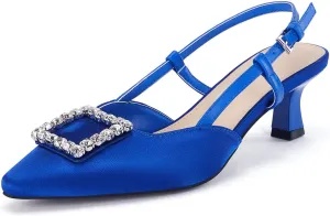 Coutgo Womens Slingback Low Kitten Heels Pumps Closed Pointed Toe Rhinestone Wedding Dress Shoes