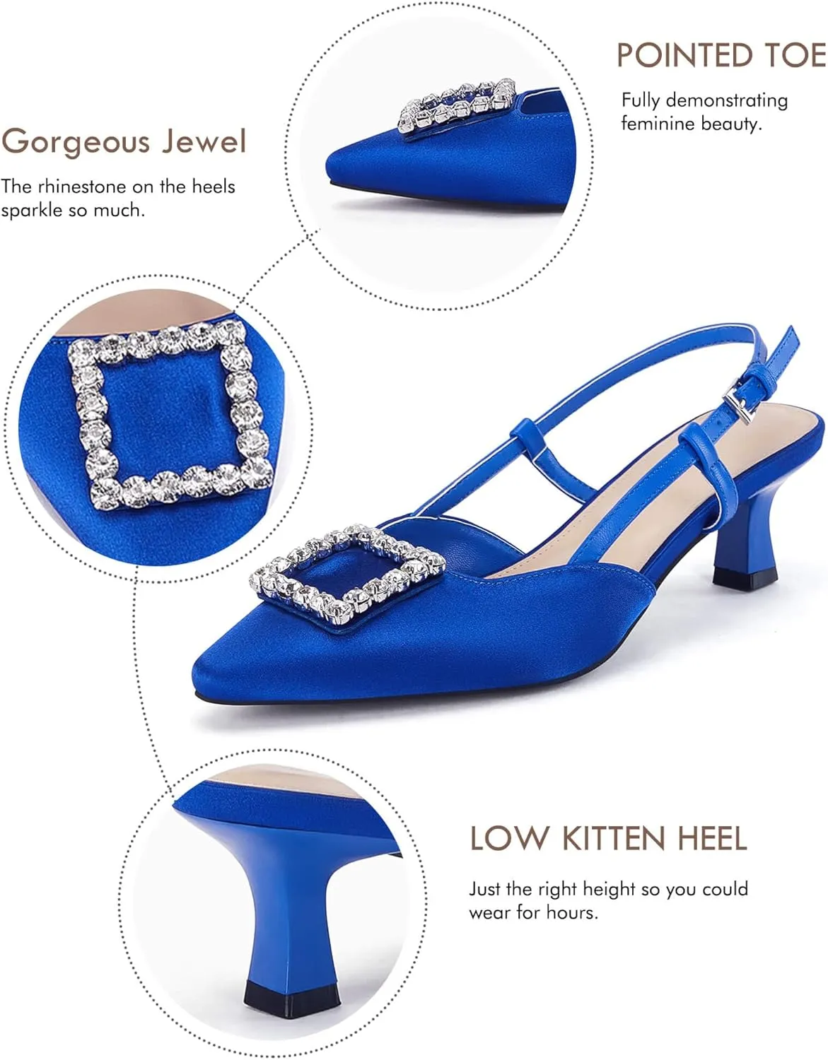 Coutgo Womens Slingback Low Kitten Heels Pumps Closed Pointed Toe Rhinestone Wedding Dress Shoes