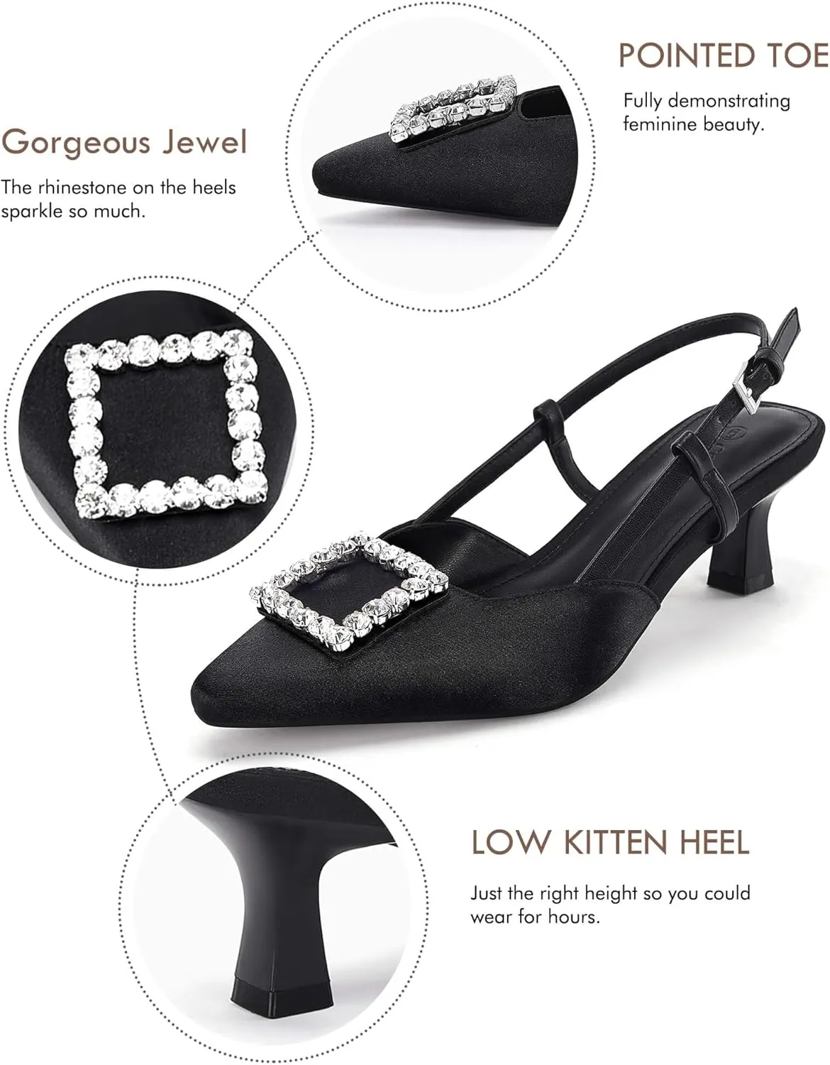 Coutgo Womens Slingback Low Kitten Heels Pumps Closed Pointed Toe Rhinestone Wedding Dress Shoes