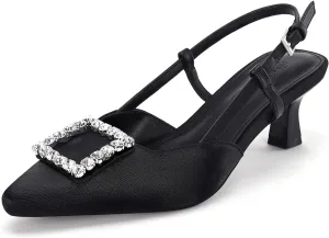 Coutgo Womens Slingback Low Kitten Heels Pumps Closed Pointed Toe Rhinestone Wedding Dress Shoes
