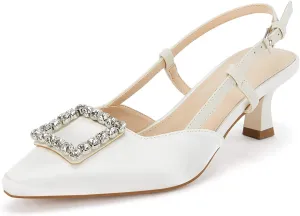 Coutgo Womens Slingback Low Kitten Heels Pumps Closed Pointed Toe Rhinestone Wedding Dress Shoes