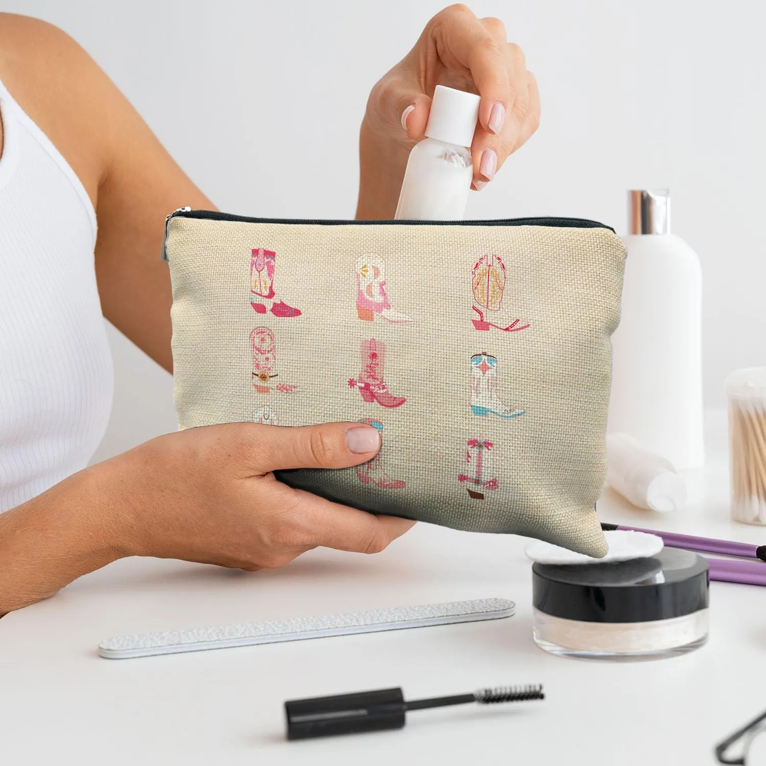 cowgirl western makeup bag, cowgirl gifts for women, western gifts for women, western gifts for teen girls, pink preppy cowgirl boots cosmetic bag makeup pouch
