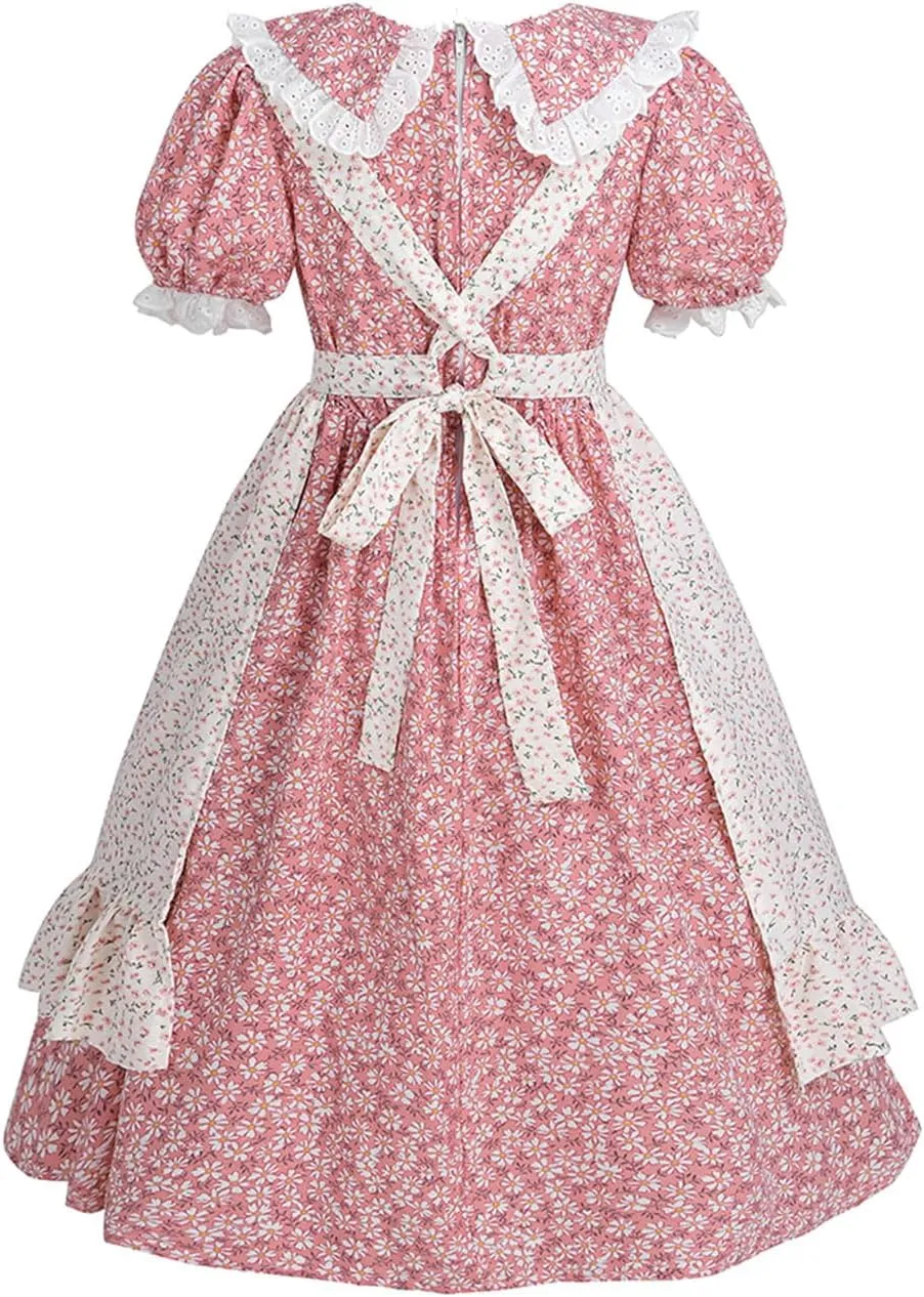 CR ROLECOS Prairie Dresses Girls Colonial Costume Pioneer Girl Dress with Floral Pinafore