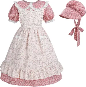 CR ROLECOS Prairie Dresses Girls Colonial Costume Pioneer Girl Dress with Floral Pinafore
