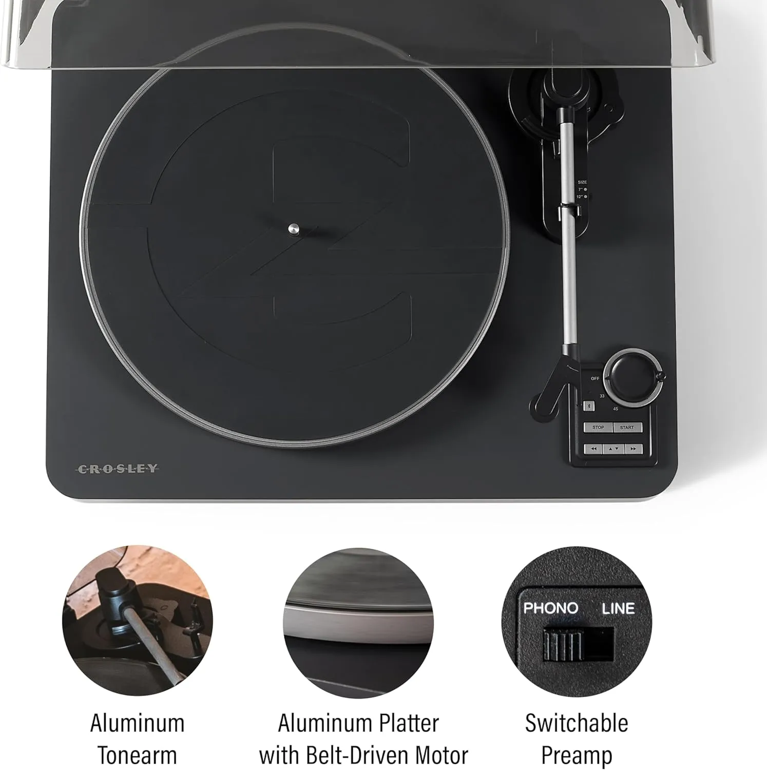 Crosley C300A-BK Fully Automatic Belt-Drive Bluetooth Turntable Record Player, Black