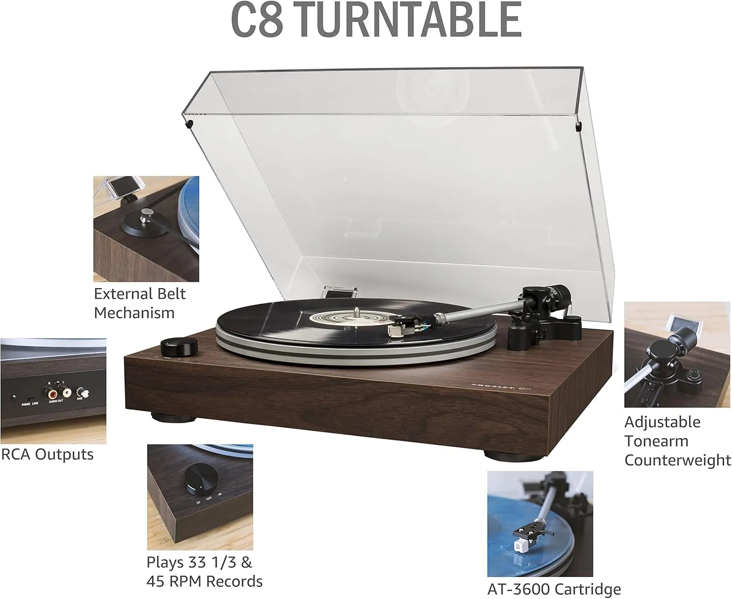 Crosley C8A-WA Belt-Driven Record Player Turntable with Built-in Pre-Amp, Adjustable Tonearm, AT3600L Cartridge, and Audio Grade MDF Plinth, Walnut