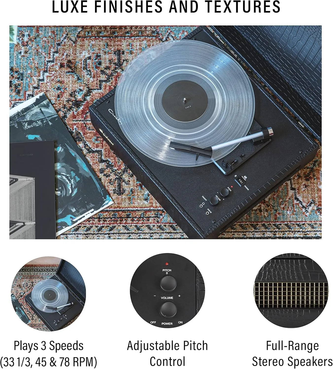 Crosley CR6255A-BC Mercury Vintage 3-Speed Bluetooth in/Out Turntable with Built-in Speakers, Black Crocodile