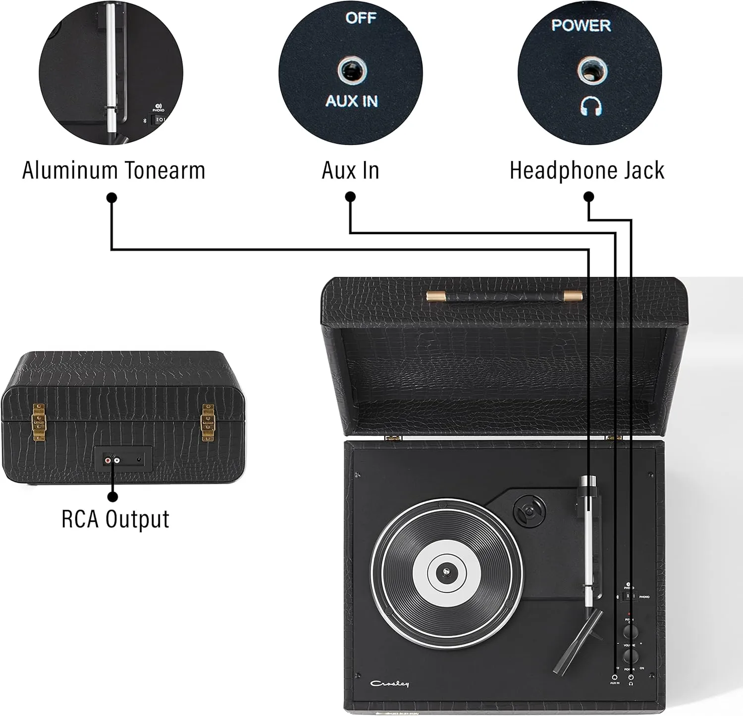 Crosley CR6255A-BC Mercury Vintage 3-Speed Bluetooth in/Out Turntable with Built-in Speakers, Black Crocodile