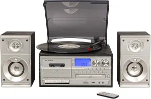 Crosley CR7014A-BK Eclipse 3-Speed Turntable with Bluetooth, AM/FM Radio, CD/Cassette Player, USB, SD Card Reader, Aux-in