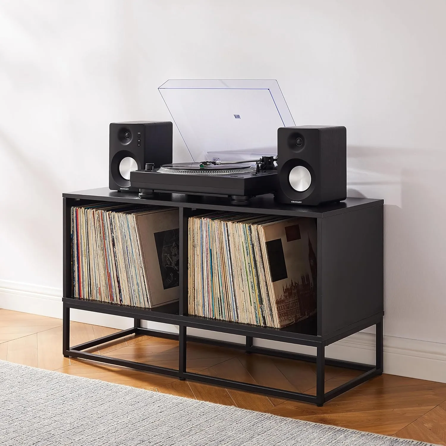 Crosley Furniture Enzo Medium Vinyl Record Storage TV Stand and Entertainment Center, Media Console, Black