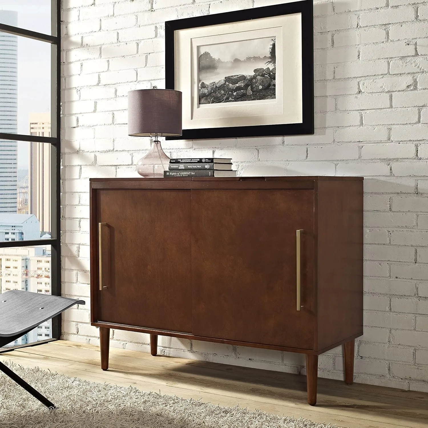 Crosley Furniture Everett Media Console and Record Player Stand with Storage for Vinyl Records, Mahogany