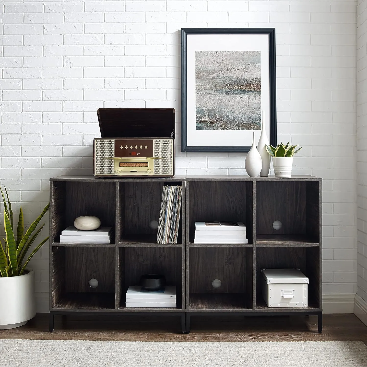 Crosley Furniture Jacobsen 2-Piece Vinyl Record Storage Cube Bookcase Set and Record Player Stand, Brown Ash