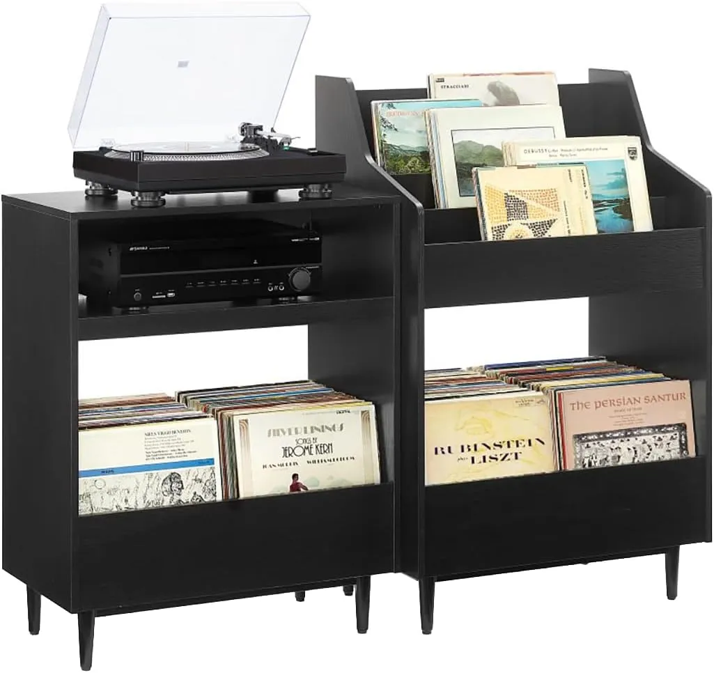 Crosley Furniture Liam 2-Piece Turntable Record Player Stand and Vinyl Storage, Mid Century Modern, Black