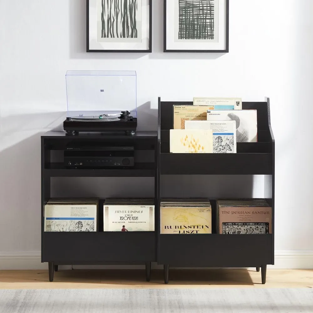 Crosley Furniture Liam 2-Piece Turntable Record Player Stand and Vinyl Storage, Mid Century Modern, Black