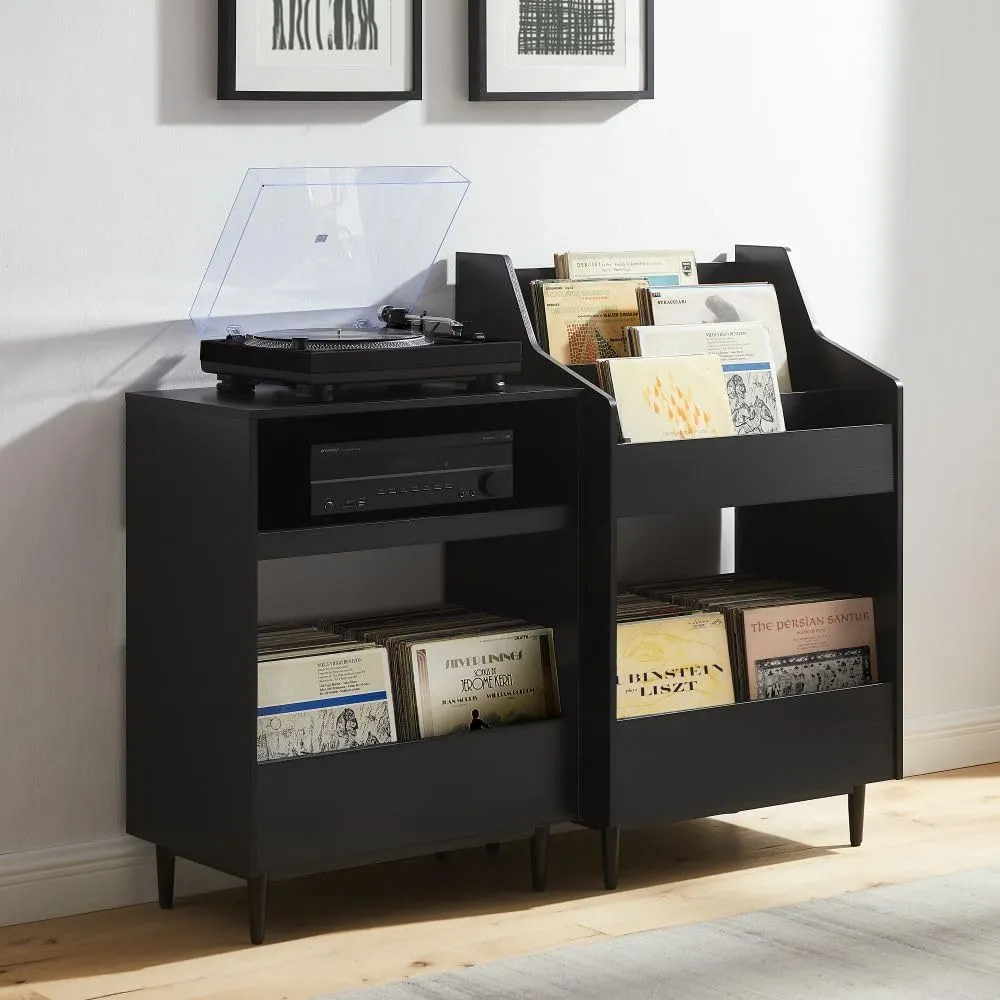 Crosley Furniture Liam 2-Piece Turntable Record Player Stand and Vinyl Storage, Mid Century Modern, Black