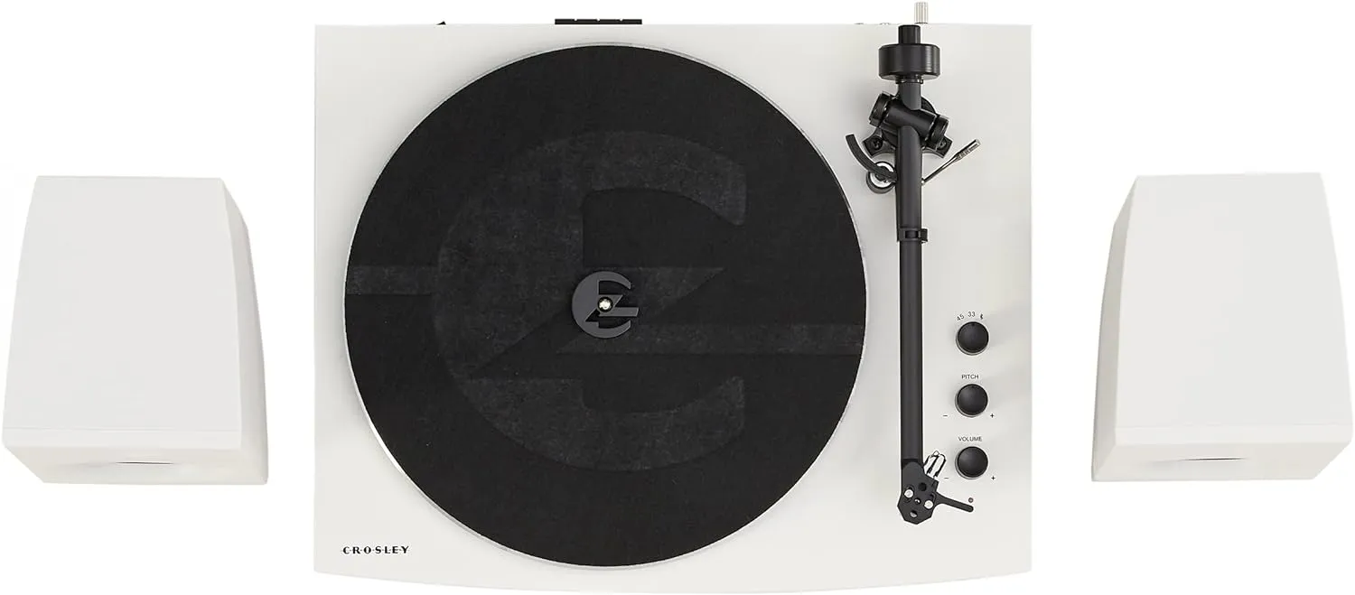 Crosley T150C-WH 2-Speed Bluetooth Turntable Record Player System with Weighted Tone Arm and Stereo Speakers, White